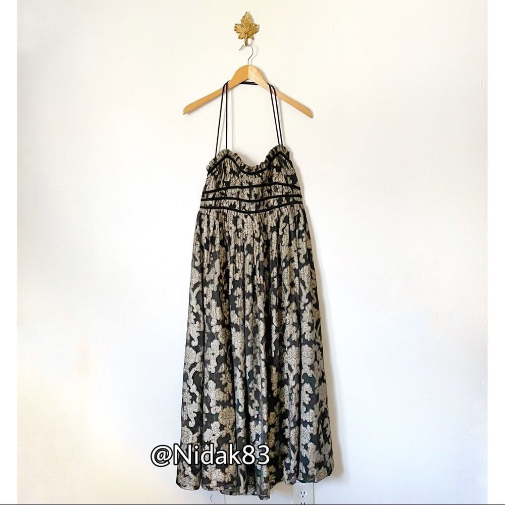 Free People Charlie Bustier Gold Metallic print Maxi dress tiered XS